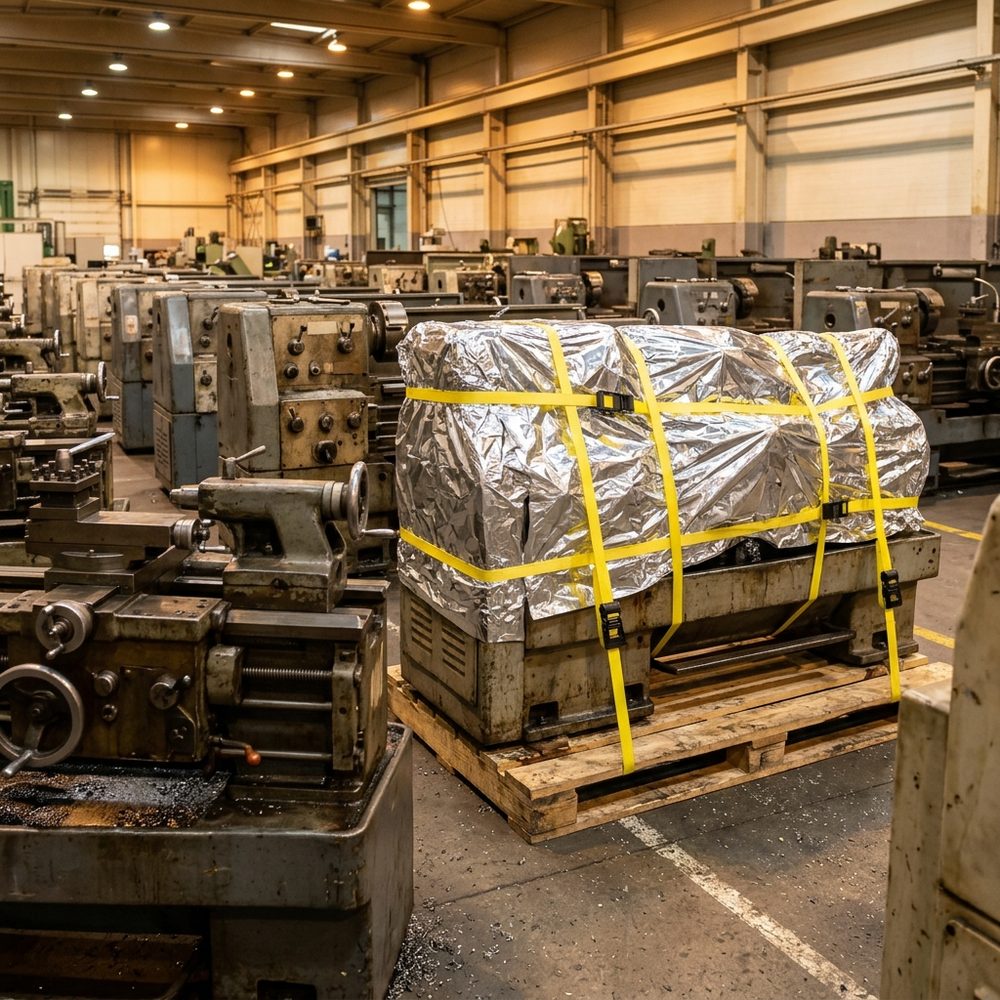 Used production-line lathes being vacuum-packed against rust before export